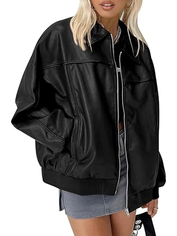 Womens Oversized Moto Biker Black Faux Leather Jacket