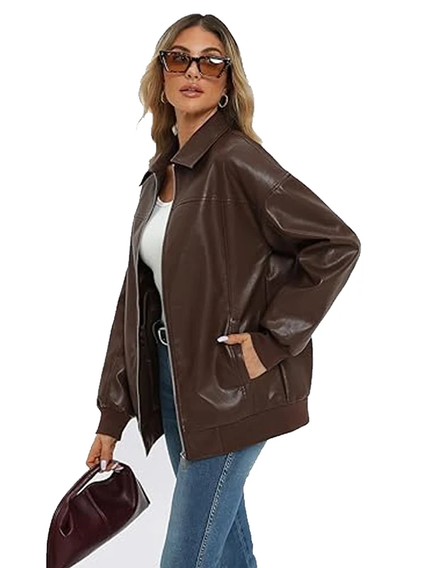 Womens Oversized Zip Up Faux Motorcycle Leather Jacket