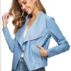 Women's Slim Open Front Blue Faux Leather Jacket