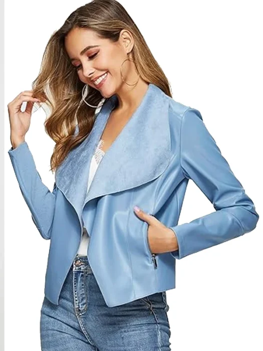 Women's Slim Open Front Blue Faux Leather Jacket