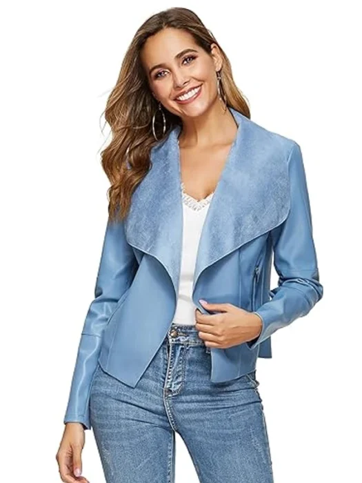 Women's Slim Open Front Lapel Blazer Blue Faux Jacket