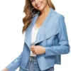 Women's Slim Open Front Lapel Blazer Blue Faux Leather Jacket