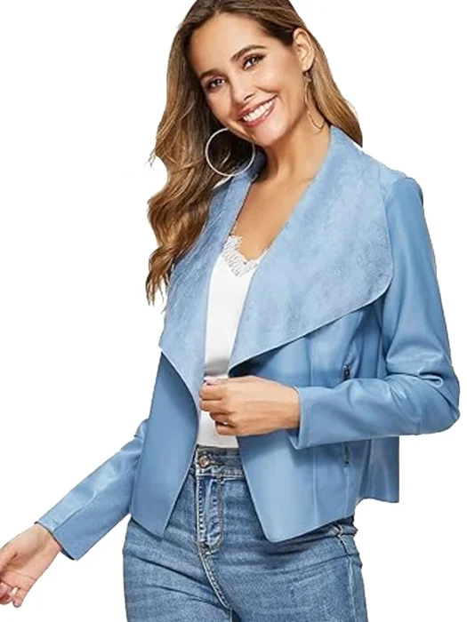 Women's Slim Open Front Lapel Blazer Blue Faux Leather Jacket