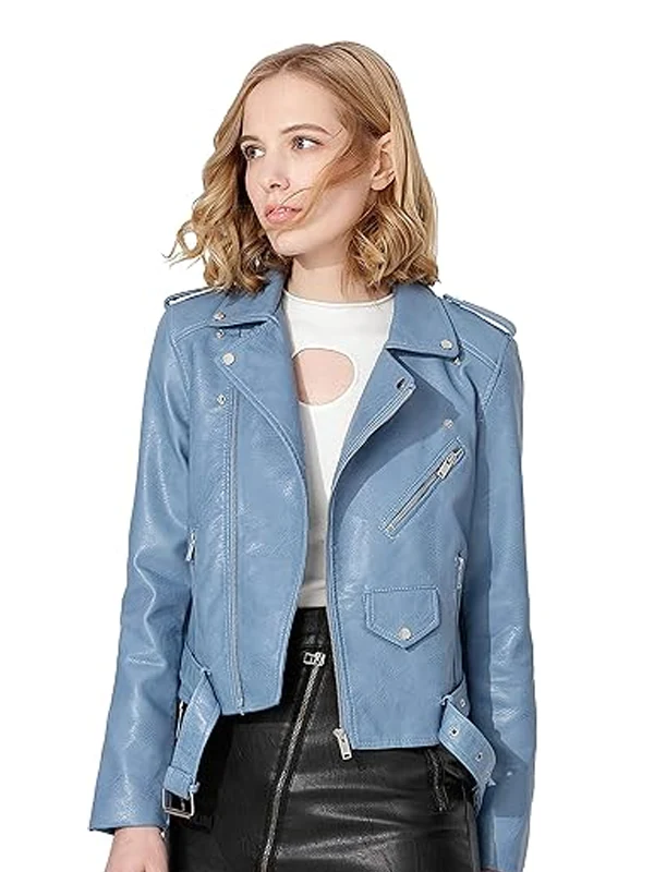 Women’s Textured Short Moto Blue Faux Leather Jacket