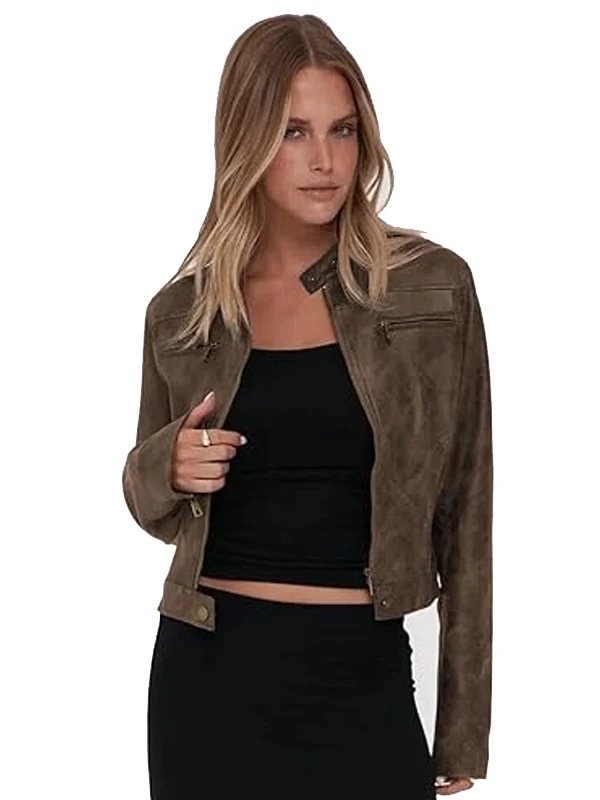 Womens Vintage Zip Up Stand Collar Motorcycle Leather Jacket