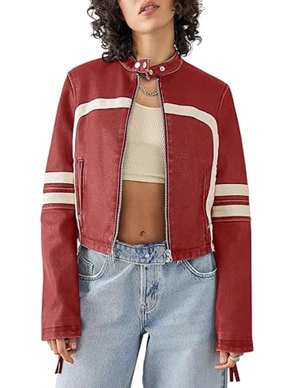 Women’s Zip Up Stand Collar Cropped Red Faux Leather Jacket