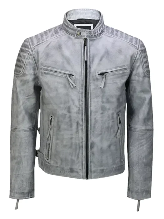 Bartlett Men’s White Vintage Leather Biker Jacket