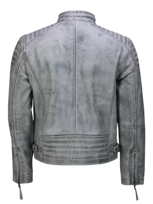 Bartlett Men’s White Vintage Leather Biker Jacket Back