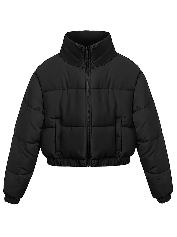Casual Style Cropped Black Puffer Jacket