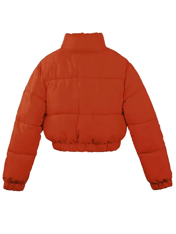 Casual Style Cropped Orange Puffer Jacket Back