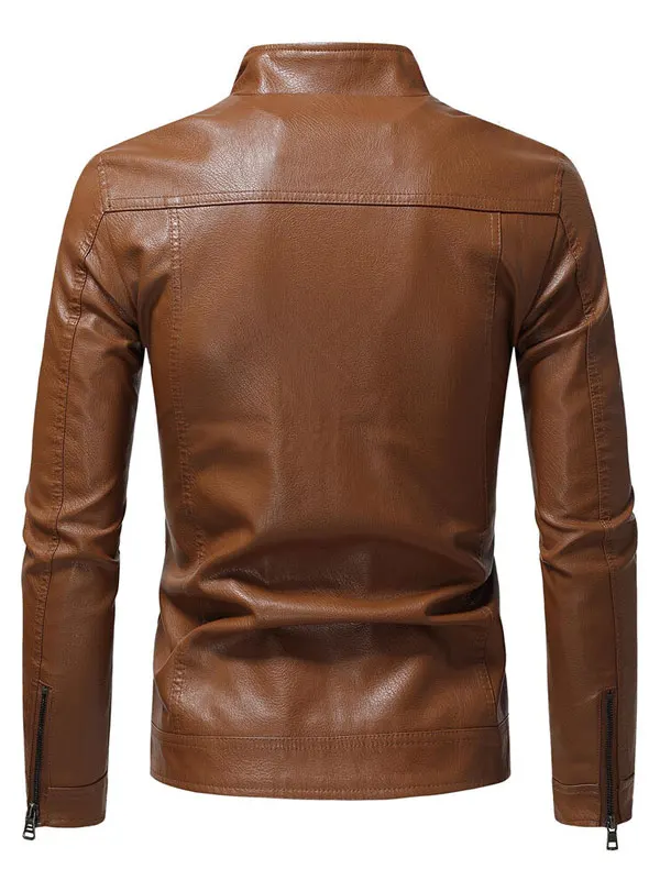 Classic Slim Fit Brown Leather Jacket Men Back