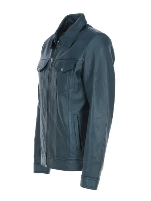 Deshawn Men’s Blue Bomber Leather Jacket