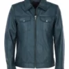 Deshawn Men’s Blue Bomber Leather Shirt Jacket