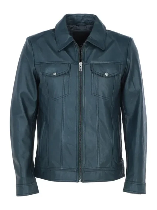 Deshawn Men’s Blue Bomber Leather Shirt Jacket