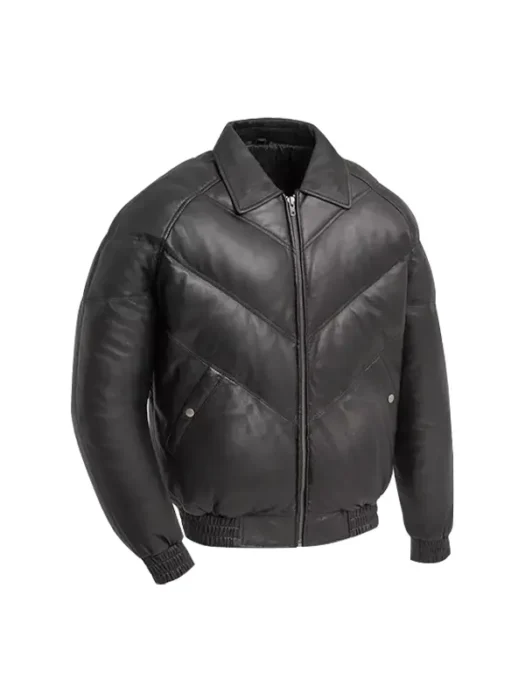 Men Black Leather Bubble Bomber Jacket