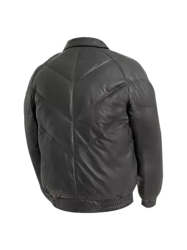 Men Black Leather Bubble Bomber Jacket Back