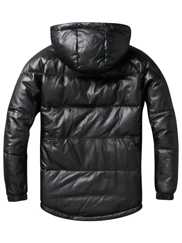 Men Black Leather Puffer Jacket with Hood Back