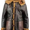 Men Brown Leather Hooded B7 Shearling Jacket