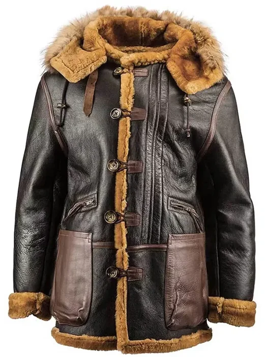 Men Brown Leather Hooded B7 Shearling Jacket