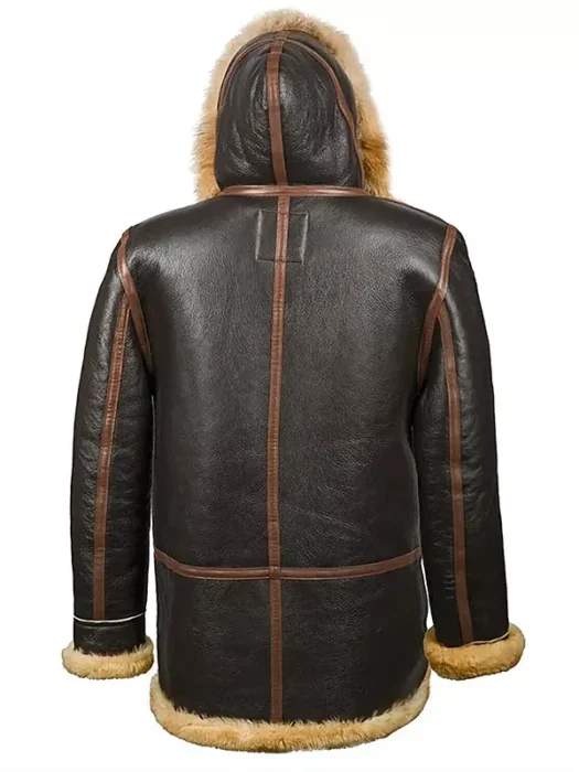 Men Brown Leather Hooded B7 Shearling Jacket Back