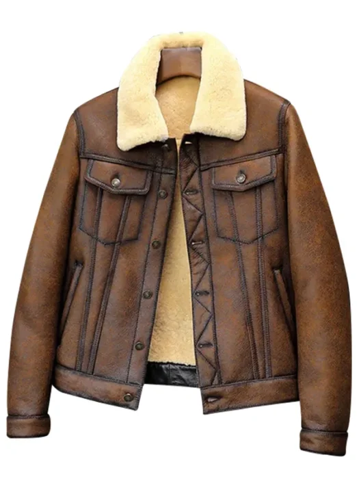 Men Brown Leather Shearling Trucker Jacket