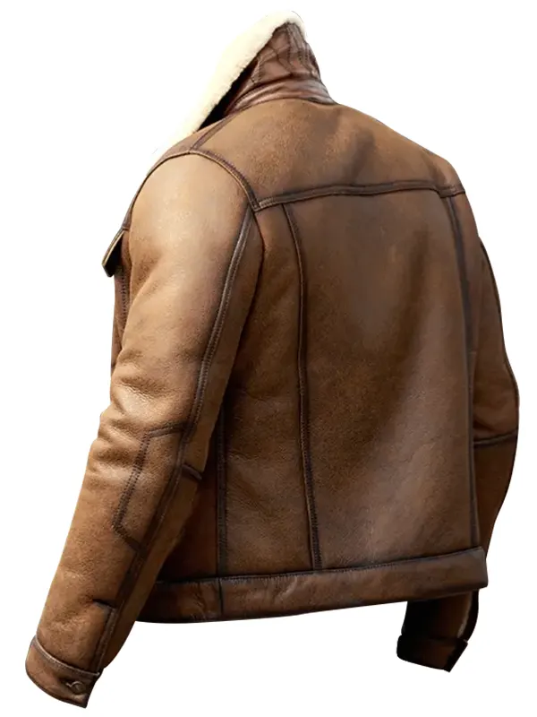 Men Brown Leather Shearling Trucker Jacket Back