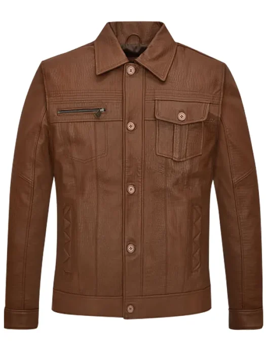 Men Casual Brown Leather Trucker Jacket