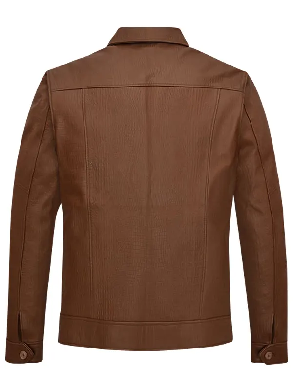 Men Casual Brown Leather Trucker Jacket Back