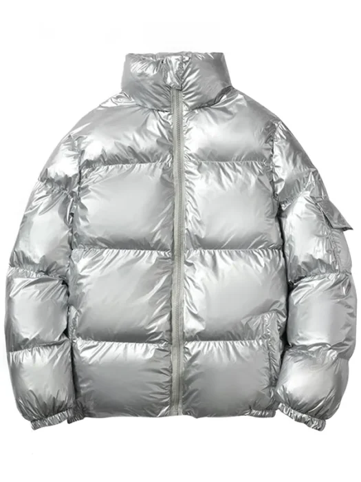 Men Casual Shiny Silver Padded Jacket