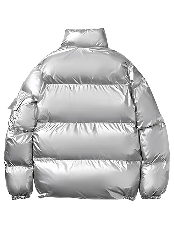 Men Casual Shiny Silver Padded Jacket Back