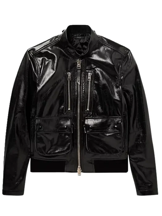 Men Casual Style Black Patent Leather Jacket