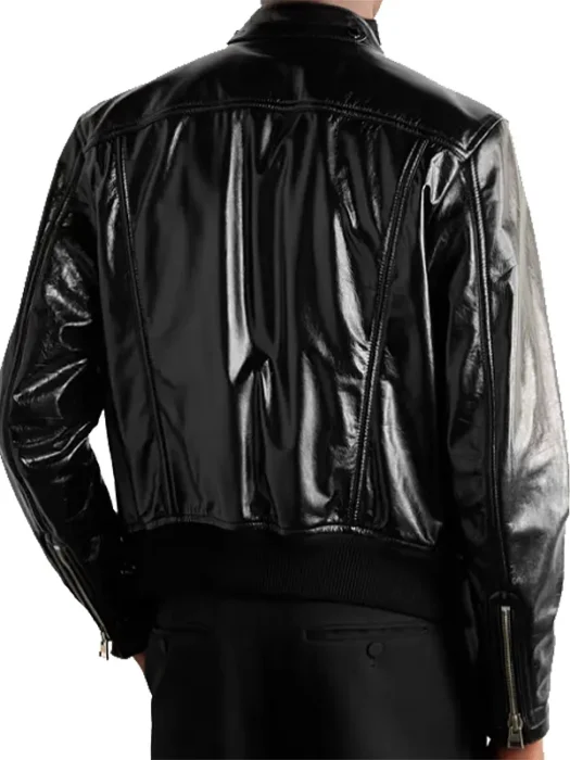 Men Casual Style Black Patent Leather Jacket Back