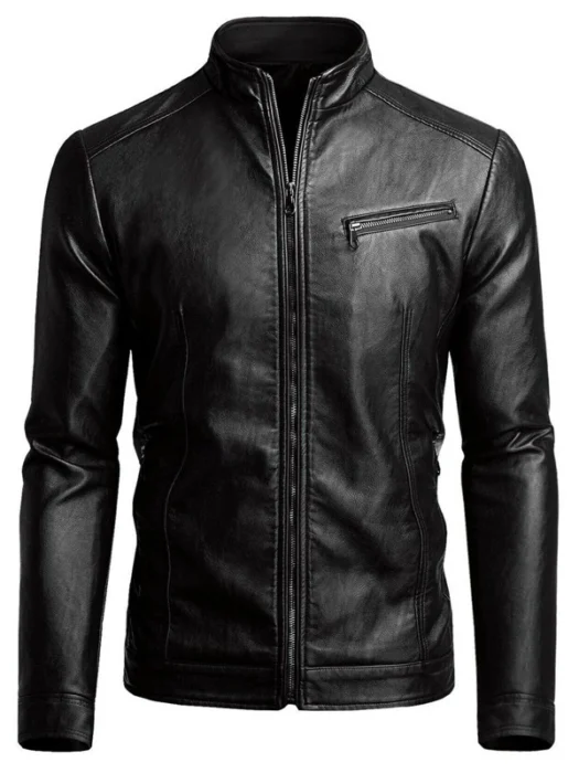 Men Casual Style Black Slim Fit Leather Jacket