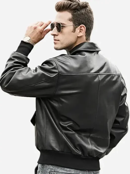 Men’s Air Force Pilot Style Black Bomber Leather Jacket Back