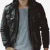 Men’s Black Bomber Hood Leather Jacket