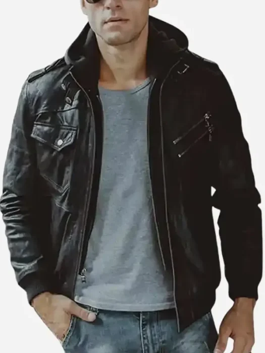 Men’s Black Bomber Hood Leather Jacket