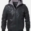 Men’s Black Bomber Leather Jacket with Hood