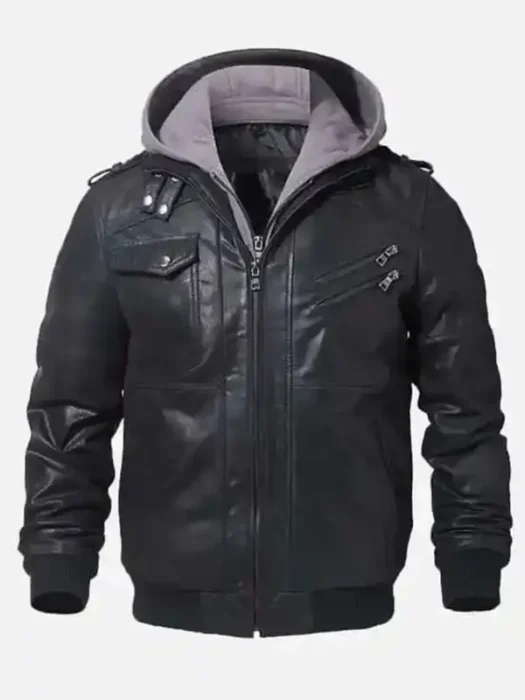 Men’s Black Bomber Leather Jacket with Hood