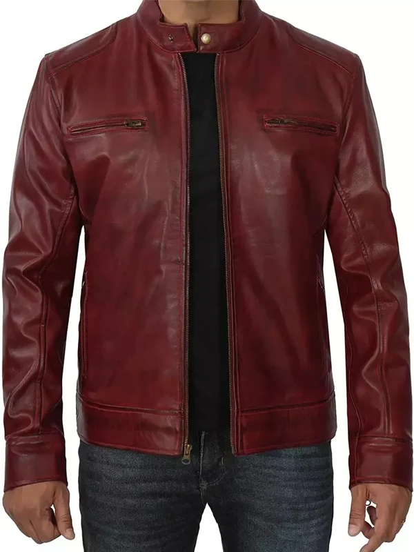Men’s Bold Maroon Lambskin Cafe Racer Jacket