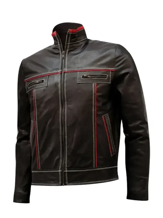 Mens Brown Red Strips Genuine Leather Jacket