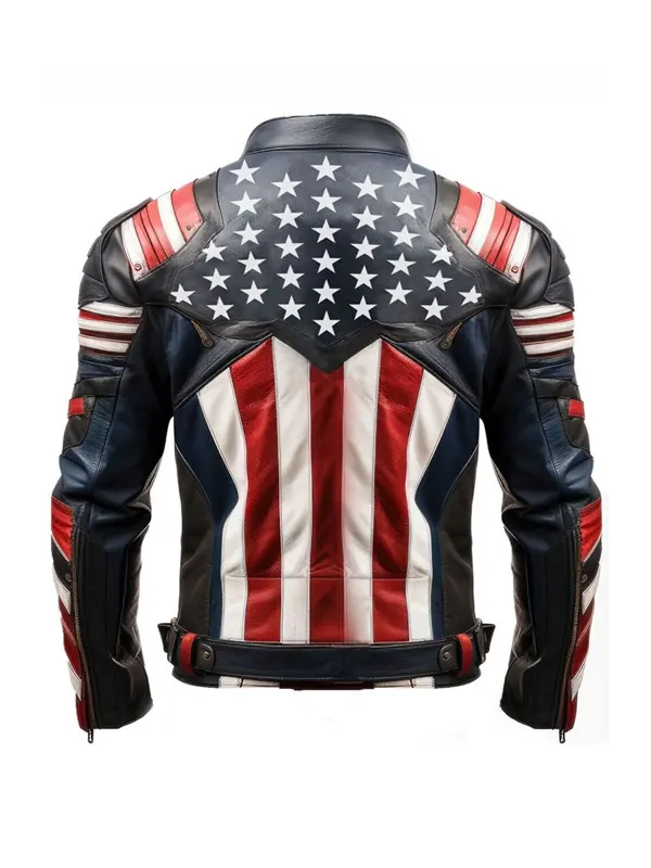 Mens Cafe Racer Style USA Flag Leather Jacket Back