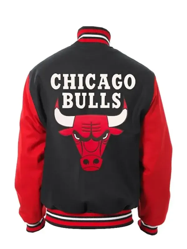 Mens Casual Black and Red Chicago Bulls Varsity Jacket Back