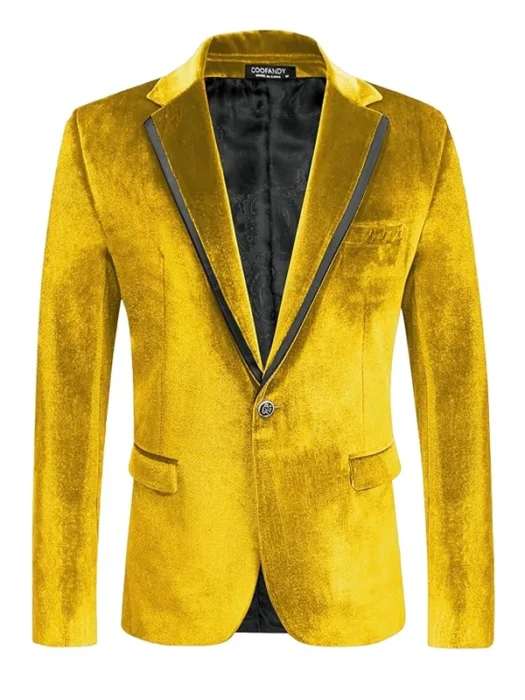 Mens Party Slim Fit Fashion Yellow Velvet Blazer