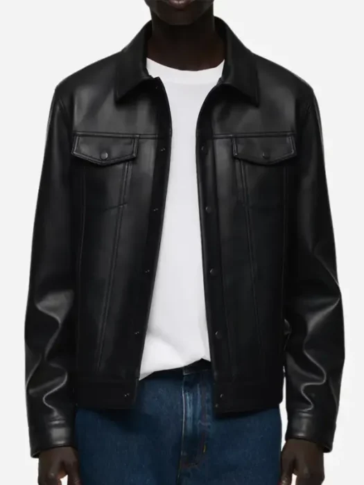 Men’s Sheepskin Black Leather Trucker Jacket