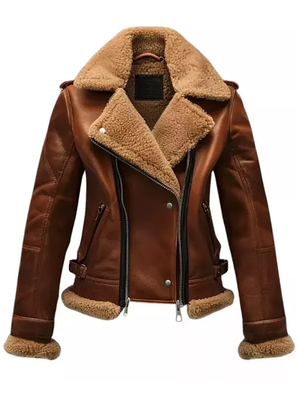 Women Brown Leather Shearling Biker Jacket