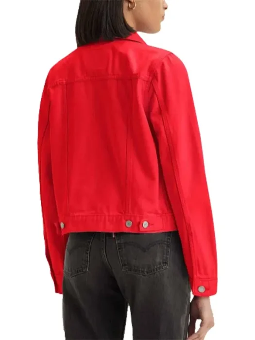 Women Casual Style Red Trucker Jacket Back