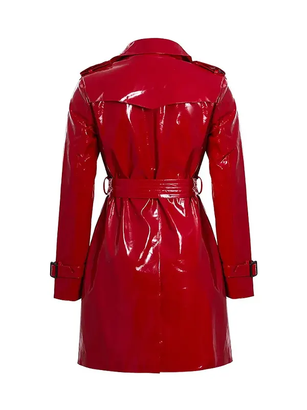 Women Classic Red Patent Leather Raincoat Back