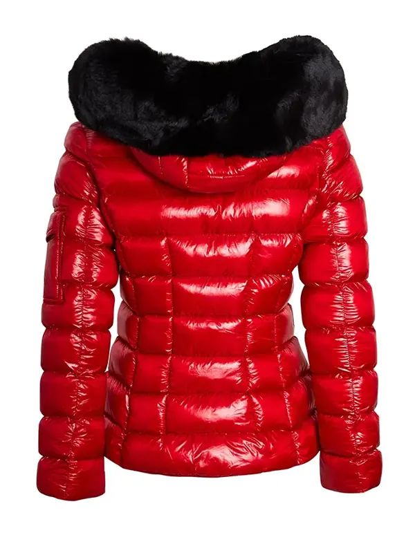 Women Patent Style Red Puffer Jacket with Faux Fur Hood Back