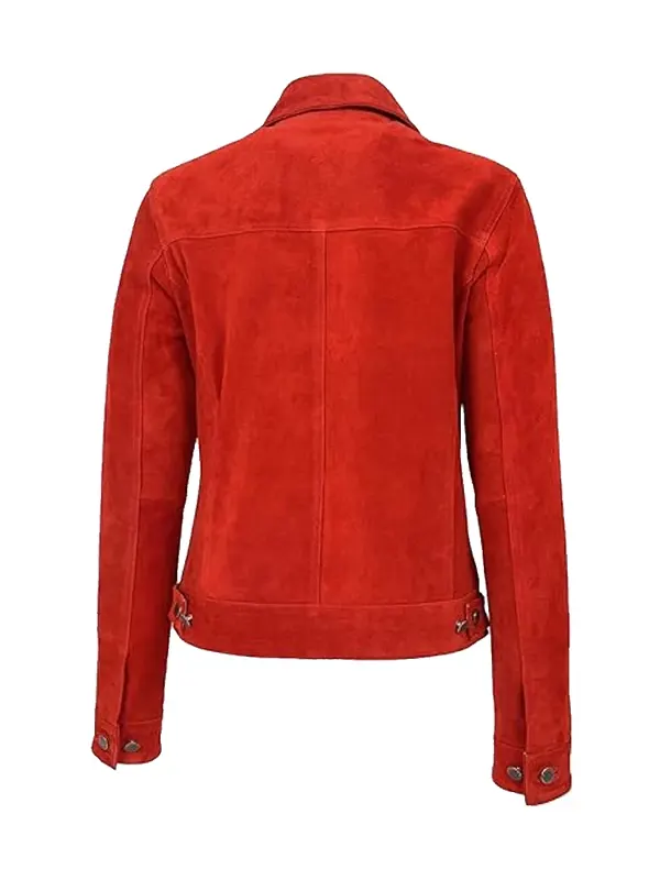 Women Stylish Red Suede Trucker Jacket Back