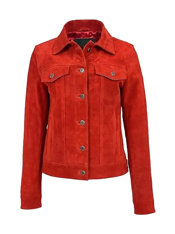 Women Stylish Red Suede Trucker Jacket